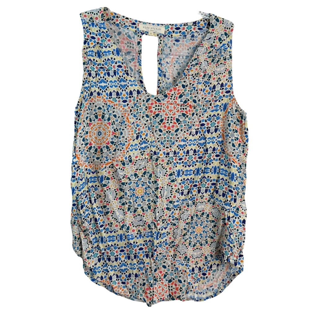 Side Stitch Los Angeles Womens XS Sleeveless Geometric Mosaic Print Blouse Top